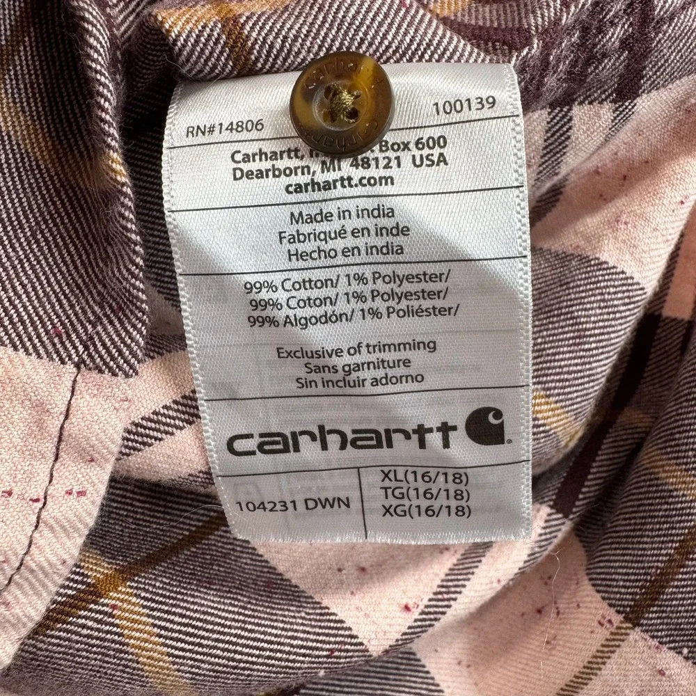Carhartt‎ Womens XL Flannel Shirt Pink Plaid Band Collar Button Up Top